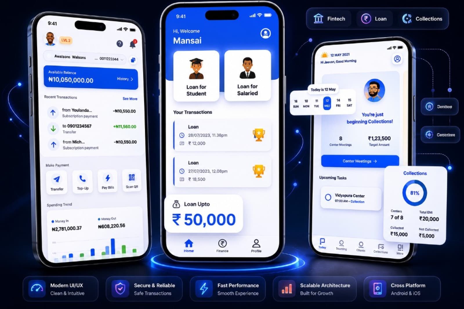 Mobile product engineering showcase spanning fintech, lending, rewards, and consultation apps
